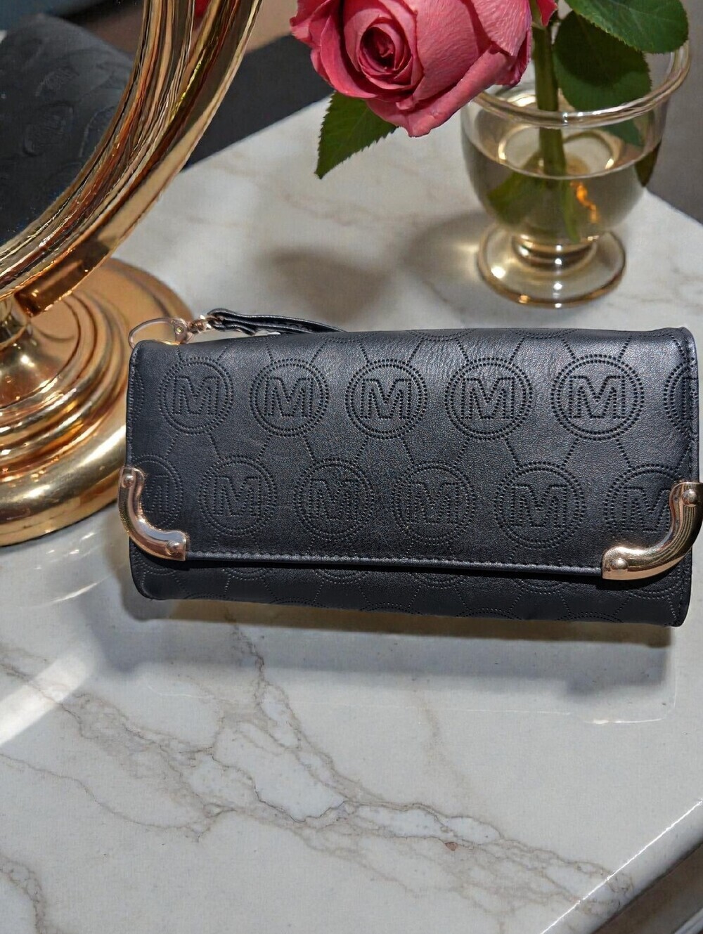 Large Envelope Black M Embossed Faux Leather Wristlet/Wallet (NWOT)